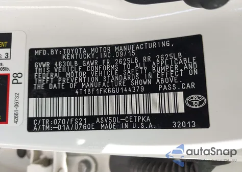 2016 Toyota Camry Se из США, поврежденный, VIN 4T1BF1FK6GU144379